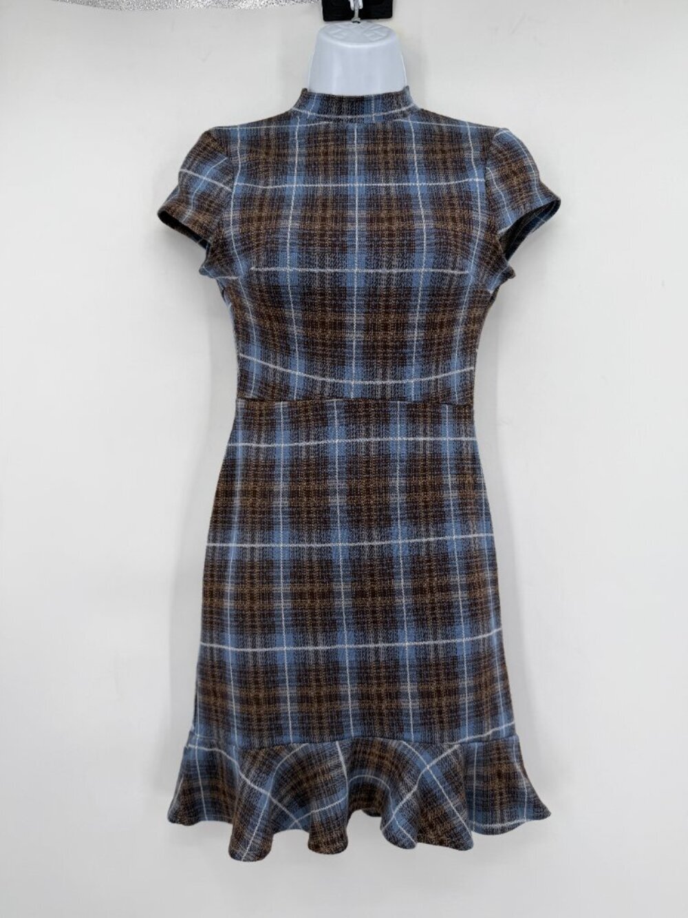 Urban Outfitters Blue Brown Plaid Open Back Mock Neck Mini Dress Preppy XS